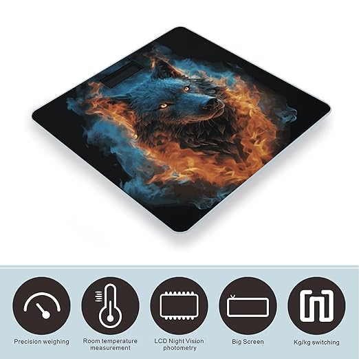 Wolf Head in Blue Flames Bathroom Scale for Body Weight Bathroom Weighing Scale with Backlit LCD Display Highly Accurate Measures Weight Up to 180kg