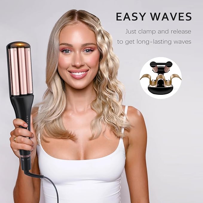 4-in-1 Hair Crimper - Adjustable Barrel for Different Wavy Looks - 3 Barrels Waver Hair Tool for Women (Healthy Ceramic Curling Dual Voltage 30s Fast Heating 4 Heat Setting Up to 410℉) Gold