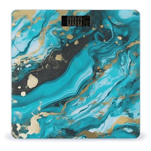 Turquoise Blue Gold Marble Bathroom Scale Large LCD Backlight Display Digital Scale Rounded Corners Body Scales Automatic Power On/Off Bathroom Scales for Home Bedrooms