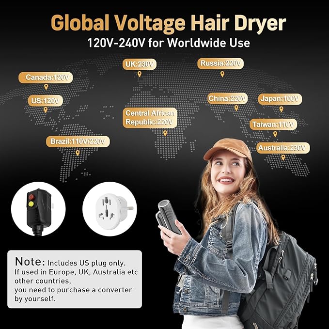 Quico Travel Hair Dryer Dual Voltage 120000 RPM Fast Drying BLDC Pocket Hair Dryers for Women with Concentrator 500M Negative Ions Foldable Blow Dryer with Cold 3 Heat&amp3 Speed Settings