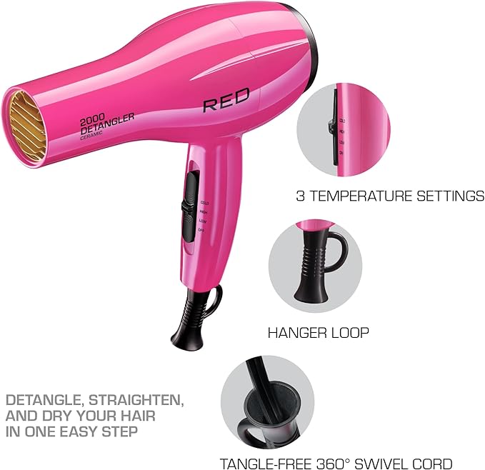 RED by KISS 2000 Ceramic Hair Dryer Professional Salon Blow Dryer 2 Detangler Pik Attachments Tourmaline Technology 3 Heat Settings Easy Storage Loop (Pink)