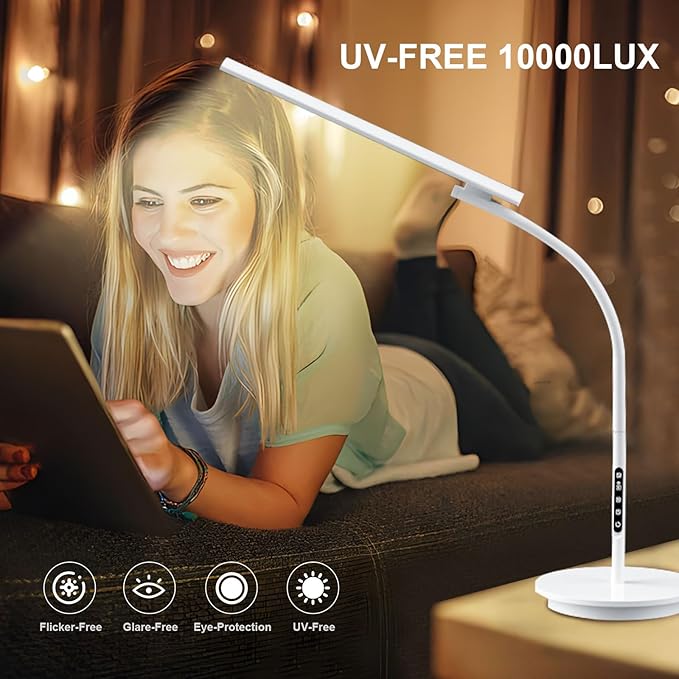 Light Therapy Lamp10000 Lux Happy Therapy Light Floor Sun Therapy Lamp with Remote &amp Touch Control &amp Adjustable Gooseneck for Reading/Office/Home