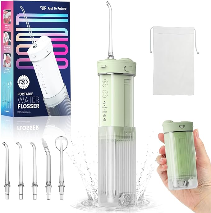 JTF Portable Water Flosser for Travel: Compact Mini Design 3 Modes &amp 8 DIY Pressure Levels for Sensitive Teeth &amp Braces - with 5 Nozzles &amp Removable 230ml Tank Cordless Oral Irrigator fo