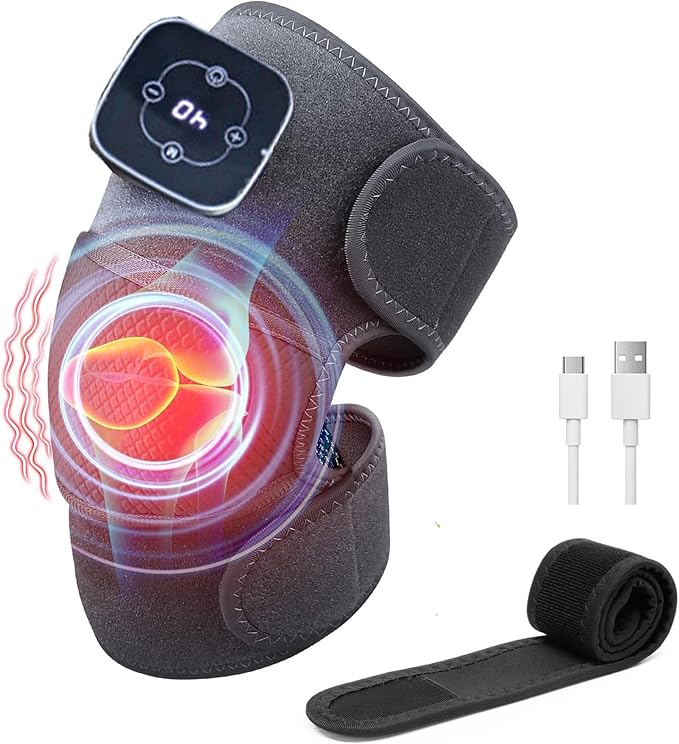 Heated Knee MassagerHeating Knee Support Brace Wrap with Massage3-in-1 Knee Elbow Shoulder Massager with 3 Vibrations Modes 5 Heating Levels (1 Pack +Grey)