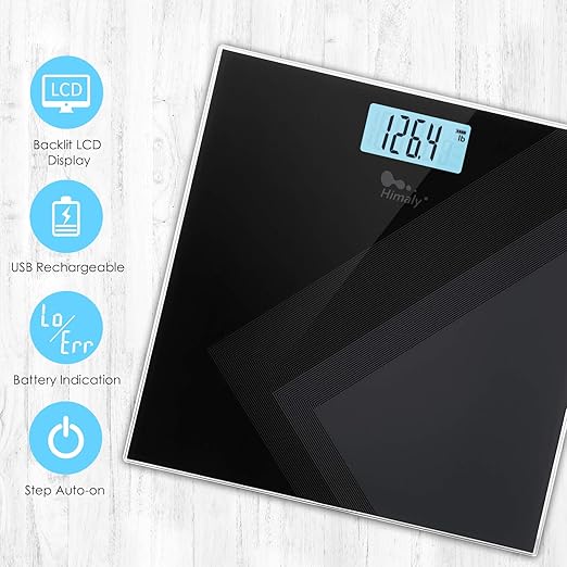 himaly Digital Body Weight Scale USB Rechargeable Bathroom Scale with Step-On Technology Back Light Display Digital Weight Scale 400Ibs/180kg Capacity 6mm Tempered Glass