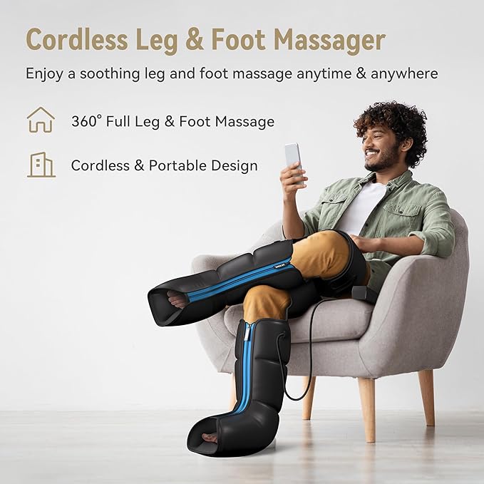 FIT KING Rechargeable Leg and Foot Massager - Cordless Air Compression Full Leg Boots Massager for Circulation and Recovery - Pressure Sensor &amp LCD Display - 3 Modes 10 Intensities 5 Timer Functio