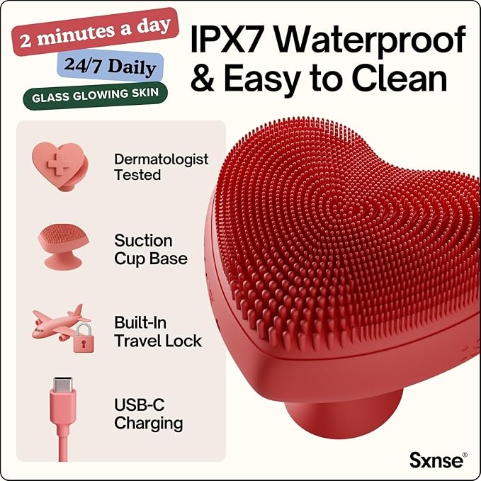 Heart Face Clean Pro⁺ - Electric Silicone Facial Scrubber for Acne with 7000+ Sonic Pulses - IPX7 Waterproof Rechargeable Exfoliator with Slip-Free Grip 3 Speed Settings &amp Phthalate-Free - Cherry