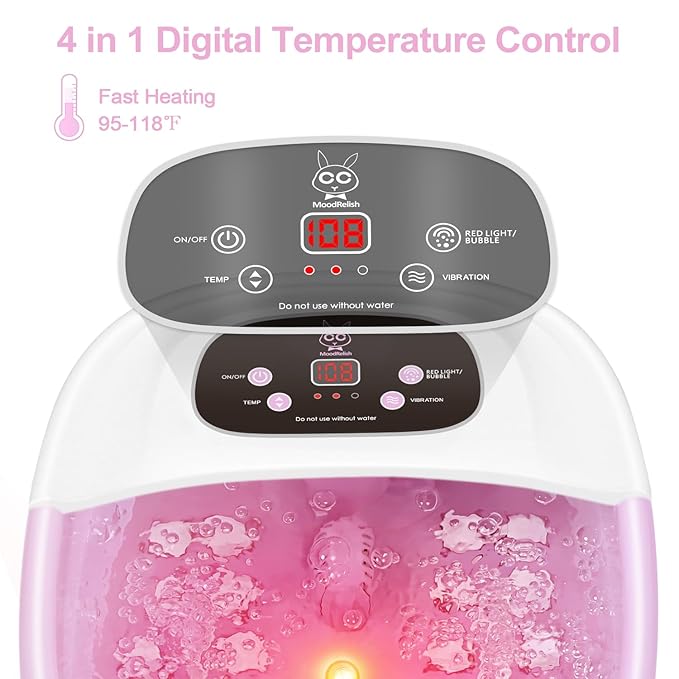 Foot Spa Bath Massager with Heat Bubbles and Vibration Massage and Jets 16 OZ Calming Lavender Foot Soak Epsom Salt Foot Soaker with Red Light 22 Massage Rollers Adjustable Temp - Pink