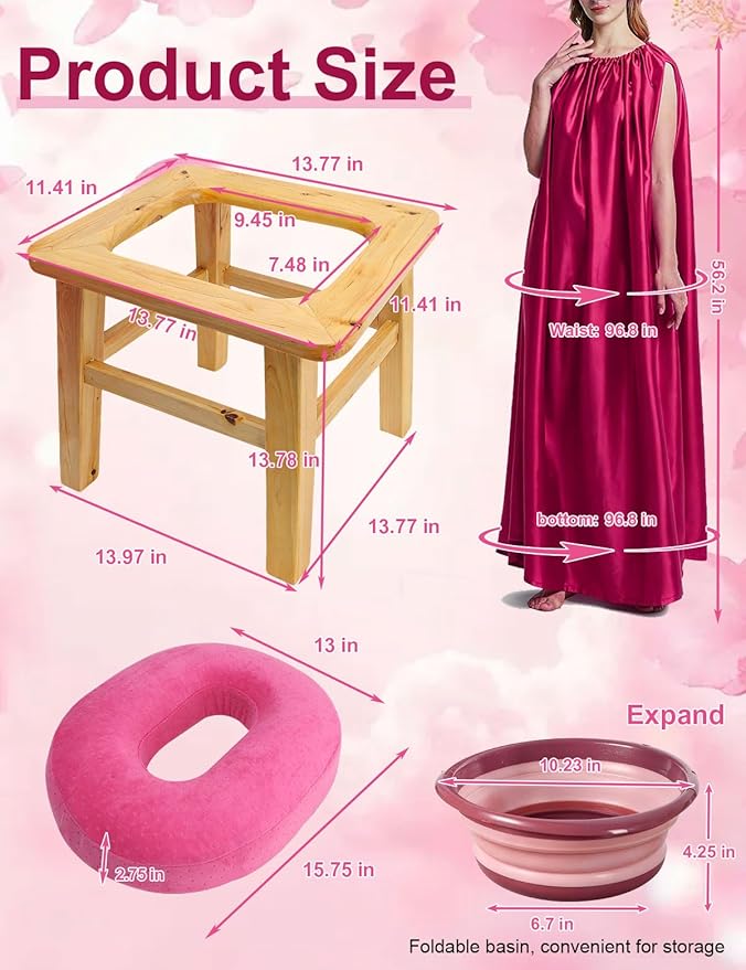 Steaming Seat Kit for Women | Wooden Stool with Silk Gown &amp Cushion Herbal Sitz Bath Blend &amp Basin for Feminine Carefor Pelvic Comfort &amp Postpartum Recovery