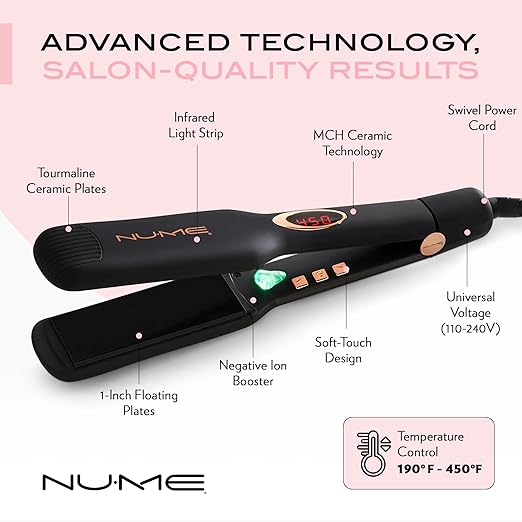 NuMe Megastar X Hair Straightener Tourmaline Flat Iron – 1.75 Inch Floating Plates Hair Straightener with Negative Ion Booster Infrared Light Strip Ultra-Smooth and Shiny Results for All Hair Types