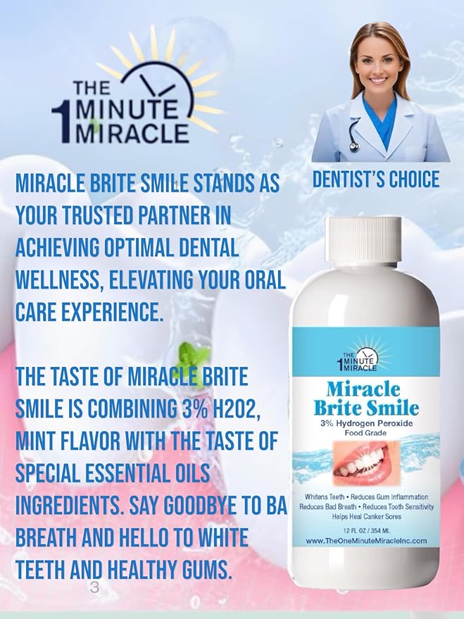 Miracle Brite Smile - Essential Oxygen Rinse Mouthwash for Whiter Teeth Fresher Breath and Healthier Gums Peppermint 12 fl. oz. Our Brand is Reconmended by Dentists.
