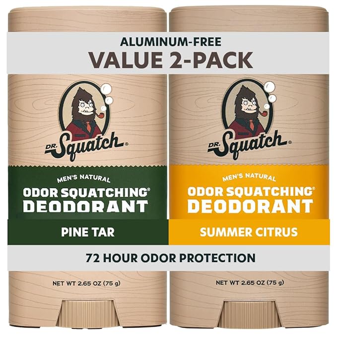 Dr. Squatch Natural Men’s Deodorant – Aluminum Free Natural Deodorant Men with Charcoal &amp Postbiotics for 72-Hour Odor Protection – Pine Tar + Summer Citrus 2.65oz Stick (2-Pack)