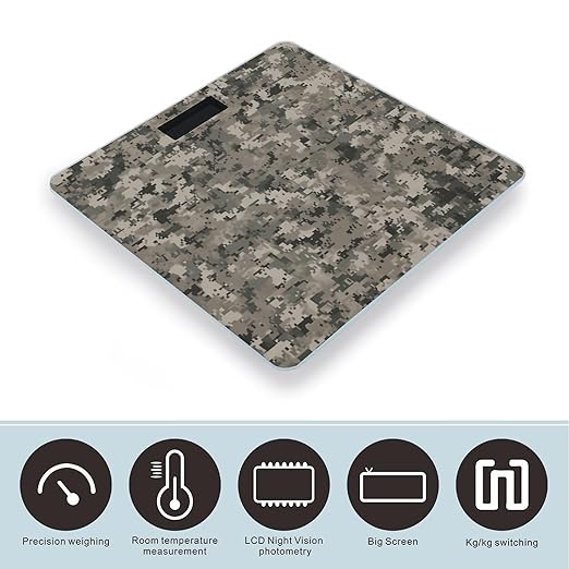 Army Digital Camouflage Scale for Body Weight Anti-Slip Sturdy Tempered Glass Weighing Machine Highly Digital Accurate Bright LCD Bathroom Scale for Household Gift