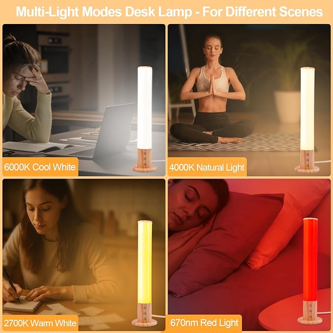 Light Therapy Lamp - 10000 Lux Full Spectrum Sun Lamp 3 Color Temperatures &amp 670nm Red Light Touch/Remote Control Stepless Dimming USB Charging GlowPillar Sunlight Lamp for Home Office