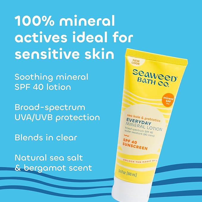 Seaweed Bath Co. Everyday Mineral SPF 40 Broad Spectrum Sunscreen Lotion 3.4 Ounce Sustainably Harvested Seaweed Sea Kale Prebiotics