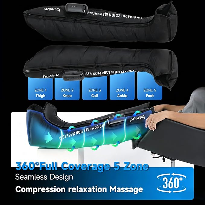 beoka Leg Massager for Circulation and Pain Relief Leg Recovery System for Fast Recovery Cordless Air Compression Boots with 3 Modes 5 Intensities for Athletes Runners and Travelers-L