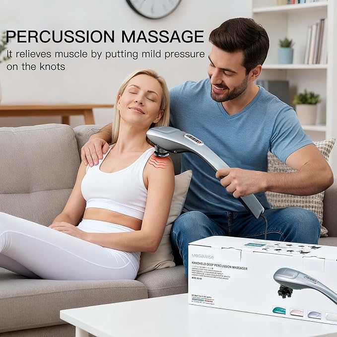 MEGAWISE Handheld Back Massager | Deep Tissue Percussion Massage for Back Neck Shoulders Waist and Legs (Silver Grey) with 6ft Power Cord Ergonomic Handle