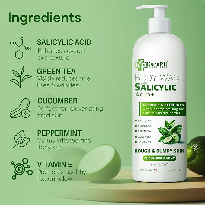 Exfoliating Body Wash with Salicylic Acid - No Dry Out Gentle Exfoliates Rough and Bumpy Skin Body Acne Wash BHA &amp AHA - Cucumber and Mint Salicylic Acid Body Wash - (16 fl oz)