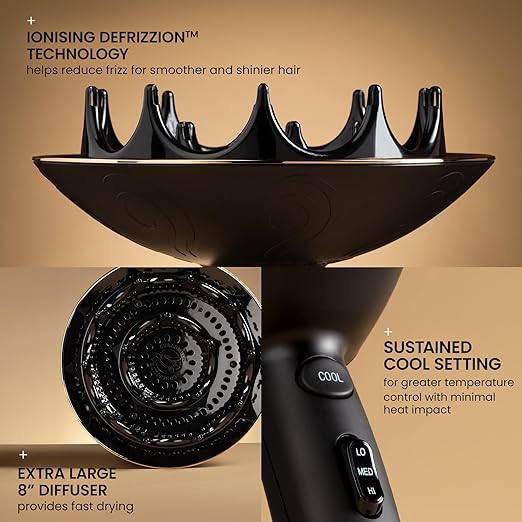 Curlsmith Defrizzion Hair Dryer - for Curly Hair w/Extra Large 8 Diffuser for Fast Drying 2 Speeds 3 Heat Settings Sustained Cool Setting with Minimal Heat Impact