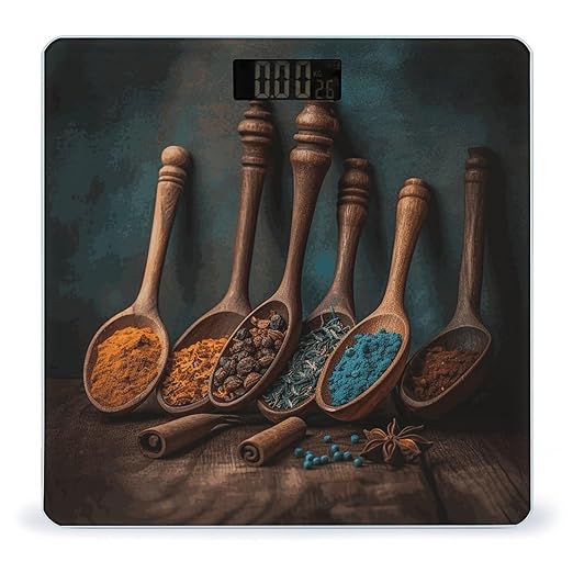Spices on Wooden Spoon Scale for Body Weight Anti-Slip Digital Bathroom Scale Sturdy Toughened Glass Weighing Scales High Precision Safe Rounded Corners Smart Scales