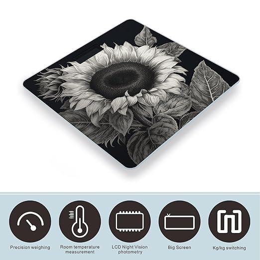 Sunflower Black Grey Scale for Body Weight Highly Accurate Digital Bathroom Scale Sturdy Tempered Glass Weighing Scales with LCD Display Fashion Body Fat Smart Scales 400lb