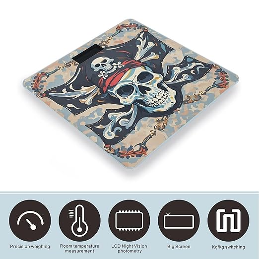 Pirate Flag Skull Scale for Body Weight Highly Accurate Digital Bathroom Body Scale Digital Bathroom Scales for People Anti-Slip Large LCD Display Smart Scales