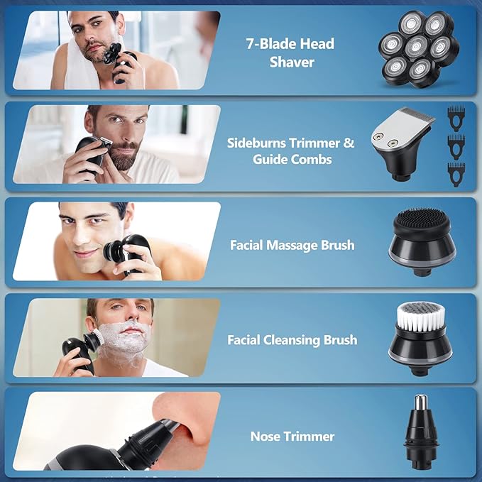 Electric Head Shaver for Bald Men Waterproof 7D Blad Head Shaver 5 in 1 Cordless Razorfor Wet&ampDry Rechargeable Grooming Kit with Beard Clippers Nose Trimmer