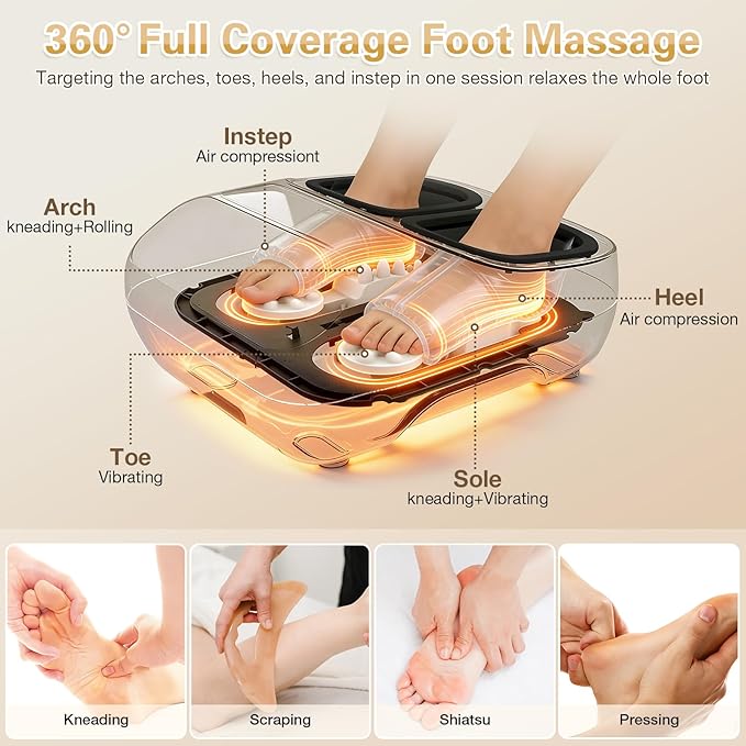 Foot Massager with Heat Electric Foot Massager Machine for Plantar Fasciitis Neuropathy with Remote Control Adjustable Vibration and Compression (White)