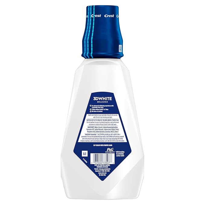 Crest 3D White Brilliance Whitening Mouthwash Alcohol Free Clean Mint 1L (33.7 fl oz) Pack of 6