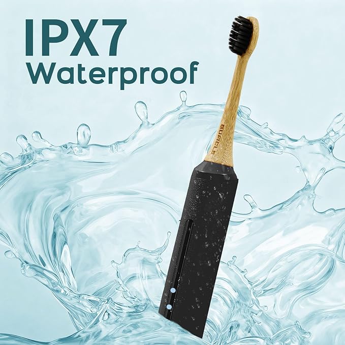 Bamboo Electric Toothbrush for Adults丨Rechargeable Electric Toothbrush with 3 Non Toxic Charcoal Infused Bamboo Brush Heads 5 Cleaning Modes 60 Days Battery Life IPX7 Waterproof-Black