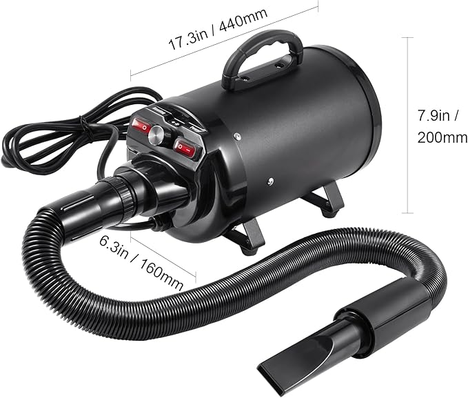 Happybuy Dog Dryer: A 2000W/2.7HP Powerhouse for Pet Grooming. Featuring Adjustable Speed and Temperature Control Along with 4 Nozzles and an Extendable Hose