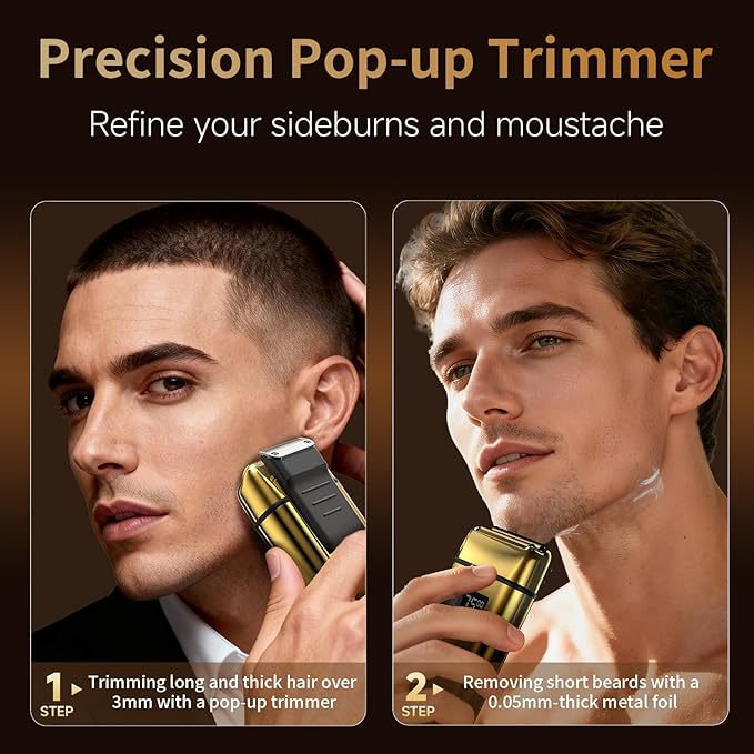 Electric Foil Shaver for MenElectric Razor with Pop-up TrimmerCordless Beard TrimmerWaterproofWet &amp Dry ShavingLED Display2-Speed Mode (Gold)