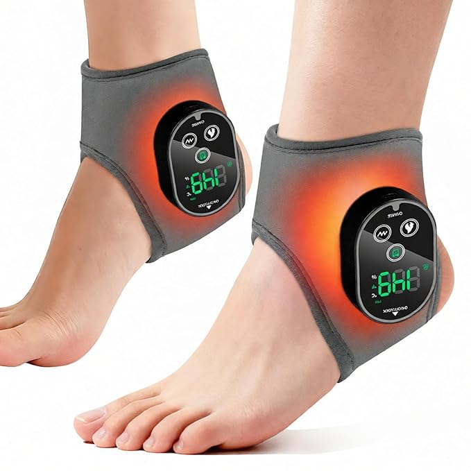 Cordless Ankle Massager Ankle Heating Pad with Massage Heated Foot Brace Wrap with 3000mAh Rechargeable 4 -Level Heats Foot Heating Pad for Sports/Work/Travel (Grey)