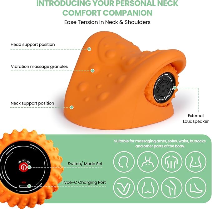 Multifunctional Massage Pillow with Detachable Rollers Neck and Cervical Spine Corrector Portable Electric Massage Headrest with Bluetooth Music Support 6 Vibration Intensity Settings