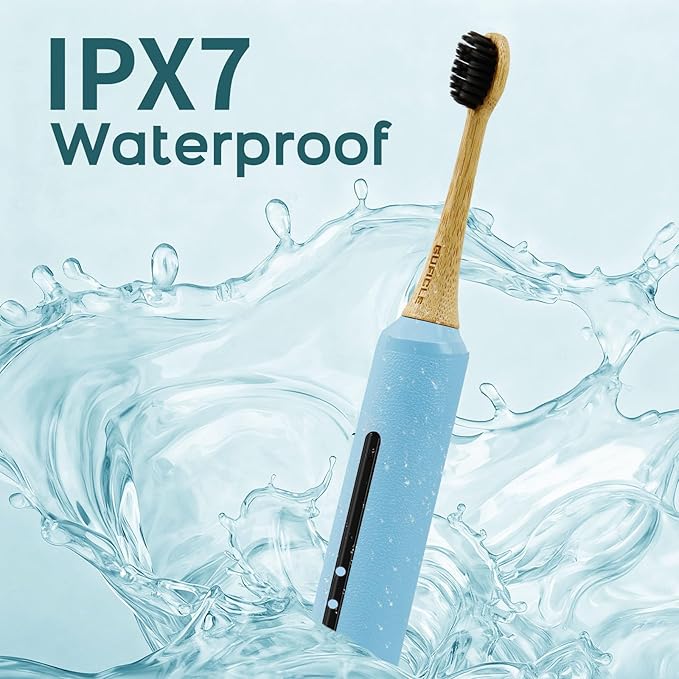 Bamboo Electric Toothbrush for Adults丨Rechargeable Electric Toothbrush with 3 Non Toxic Charcoal Infused Bamboo Brush Heads 5 Cleaning Modes 60 Days Battery Life IPX7 Waterproof-Blue