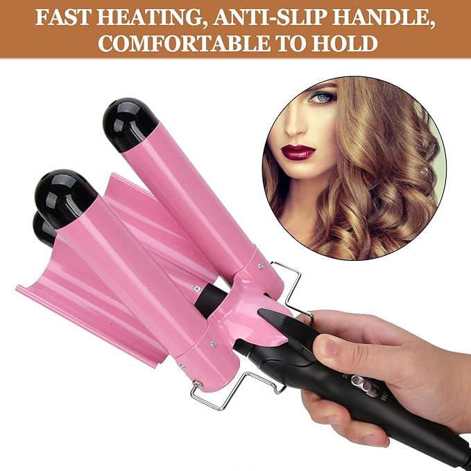 3 Curling Iron Wand 1 Inch Ceramic Tourmaline Triple Barrels Hair Crimper Beach Waving Styling Tools with Temperature Adjustment and Dual Voltage for All Hair
