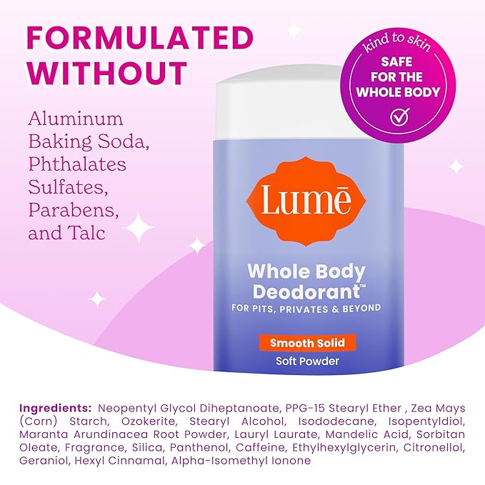 Lume Whole Body Deodorant - Smooth Solid Stick - 72 Hour Odor Control - Aluminum Free Baking Soda Free and Skin Safe - 2.6 Ounce (Pack of 2) (Soft Powder)