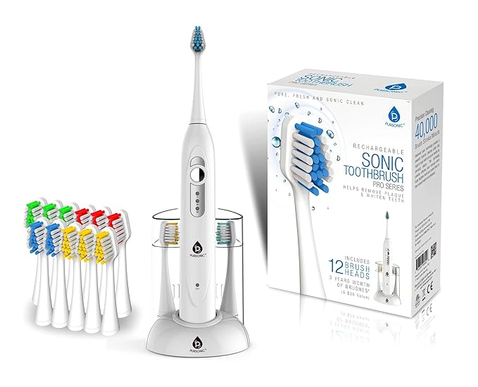 Pursonic S430 SmartSeries Electronic Power Rechargeable Sonic Toothbrush with 40000 Strokes Per Minute 12 Brush Heads Included (White)