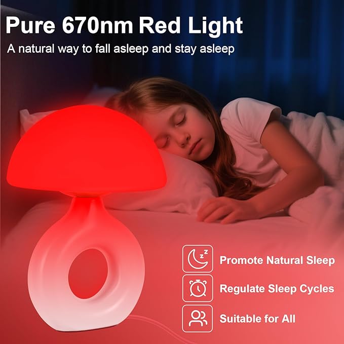 Mushroom Red Light Lamp for Sleep 670nm Deep Sleep Red Night Light - 4 Color and 5 Dimmable Remote Control with 30-90min Timer Bedroom LED Nightstand Lamp Glass Shade White Ceramic Base