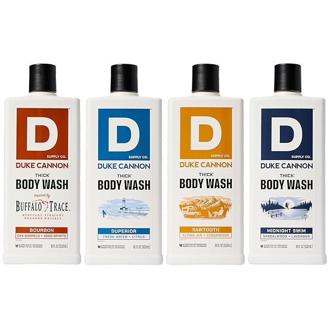 Duke Cannon Supply Co. Thick High Viscosity Body Wash - 3X Thicker Plant-Based Mineral-Enriched Body Wash for Men - Mens Body Scrub - Sawtooth Bourbon Midnight Swim &amp Superior