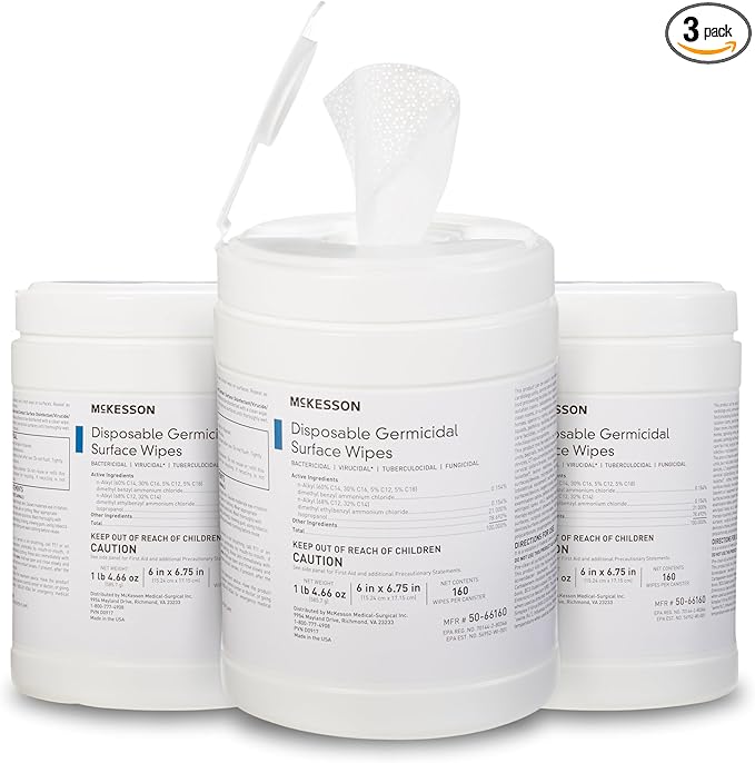McKesson Germicidal Wipes [480 Count] Disinfecting Wipes Alcohol Cleaning Disinfectant Wipes Hospital Grade Multi-Surface Wipes 160 Wipes 3 Pack