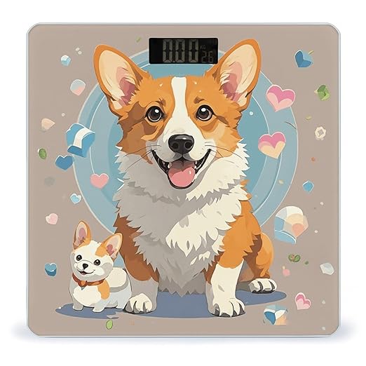 Cute Corgi Dog Illustration Scale for Body Weight Sturdy Tempered Glass Weighing Scales with LCD Display Accurate Digital Bathroom Scale Convenient Body Fat Smart Scales Easy Read