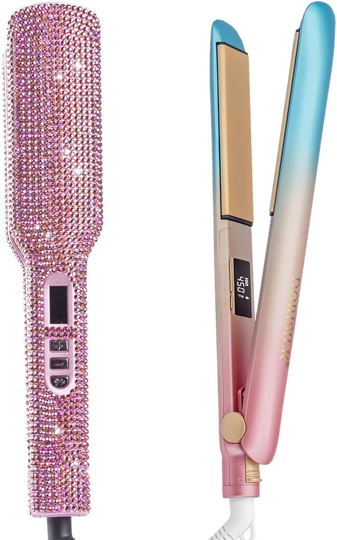 DORISILK 2 Inch 480 °F Rhinestone Flat Iron for Hair Rose Pink &amp 1 Inch 450 °F Hair Straightener and Curler 2 in 1 Colorful Dual Voltage 30s Fast Heat Gift for Women Girls