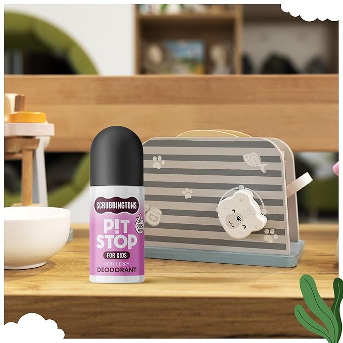 Scrubbingtons Pit Stop Kids Deodorant Natural Roll On For Children Teens. Made in UK 98% Natural Ingredients For Sensitive Skin. Paediatrician approved Aluminium &amp Alcohol Free Very Berry 75ml