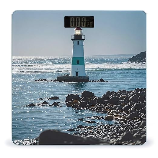 Lighthouse Ocean Bathroom Scale for Body Weight Bathroom Weighing Scales with Back Lit LED Display Sturdy Tempered Glass Body Weight Bathroom Scale 400lb Weighing