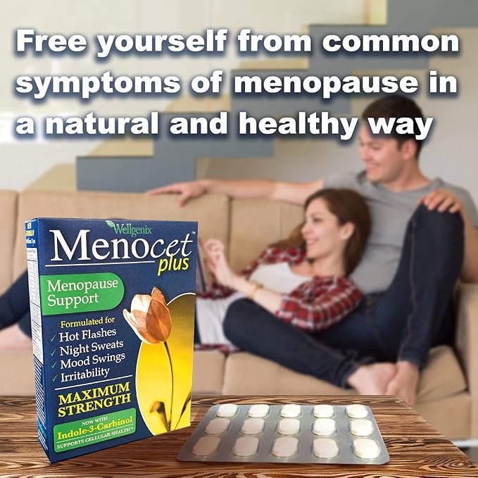Wellgenix Menocet Plus Menopause Support - Natural Supplement for Women - Daily Relief Feminine Care - Helps with Hot Flashes Night Sweats Mood Swings &amp Irritability - 30 Tablets