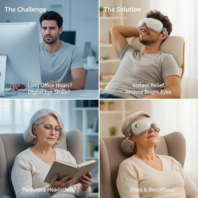 Eye Massager with Heat and Music Relaxation and Stress Relief Device. Heated Eye Mask Massage for Migraines &amp Headache Relief Reduce Dry Eyes Improve Sleep. Birthday Gifts for Women Men Mom Dad