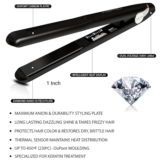 H2PRO Black Diamond 1 Inch Tourmaline Ceramic Straightening Iron - Cutting Edge Professional Flat Iron for All Hair Types