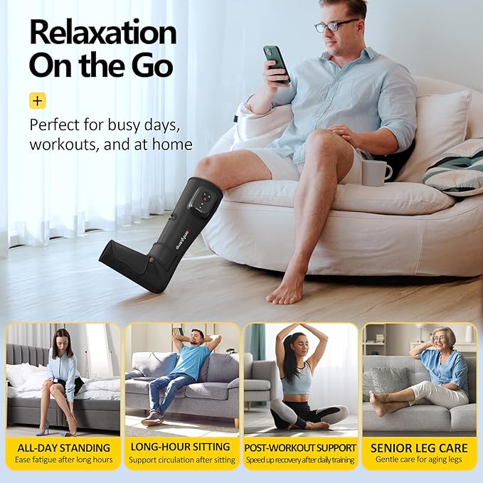 Comfytemp Air Compression Therapy Device K1011 Cordless Leg Massager for Circulation and Pain Relief Portable Foot and Calf Massage Boot Ideal for Dad Men Mom Women Seniors (1 Pack)
