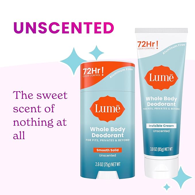 Lume Whole Body Deodorant - Invisible Cream and Solid Unscented - 72 Hour Odor Control - Aluminum &amp Baking Soda Free Skin Safe - 3 oz Cream &amp 2.6 oz Solid Bundle